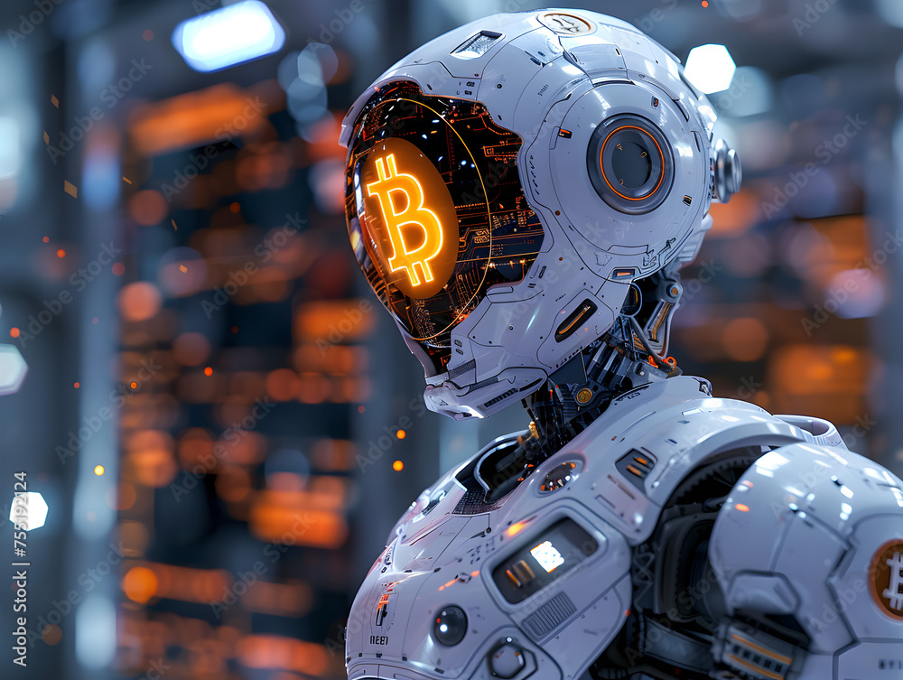 Fototapeta premium A robot with a glowing Bitcoin symbol on its head stands before a futuristic cityscape, illustrating the merge of robotics and cryptocurrency in modern economy