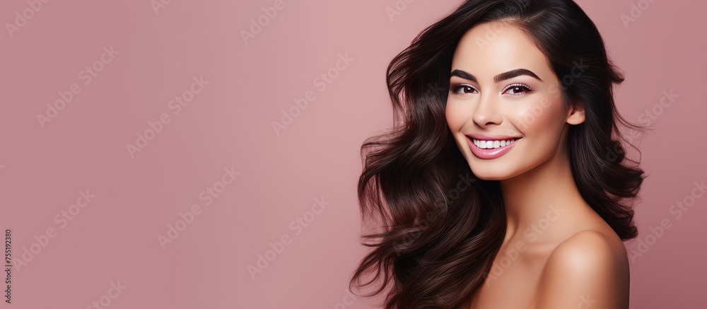 A woman with long hair is smiling on a pink background. Her expression is friendly and inviting, showcasing a sense of joy and confidence. A woman with long hair is smiling on a pink background. Her expression is friendly and inviting, showcasing a sense of joy and confidence.