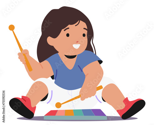 Delightful Little Child Sits On The Floor With A Rainbow Xylophone. Baby Girl Character With Wide Focused Eyes