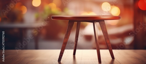 A small wooden stool is placed on top of a wooden table in a simple indoor setting. The stool is neatly positioned on the tables surface, creating a minimalist yet functional look. photo
