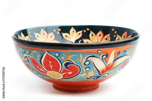 A decorative ceramic bowl, hand-painted with vibrant colors, isolated on a pure white background.