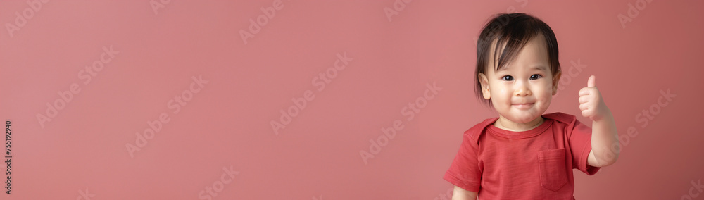 Affirmative Charm: Endearing Asian Toddler in Red Giving a Confident Thumbs Up on a Rose Background Affirmative Charm: Endearing Asian Toddler in Red Giving a Confident Thumbs Up on a Rose Background
