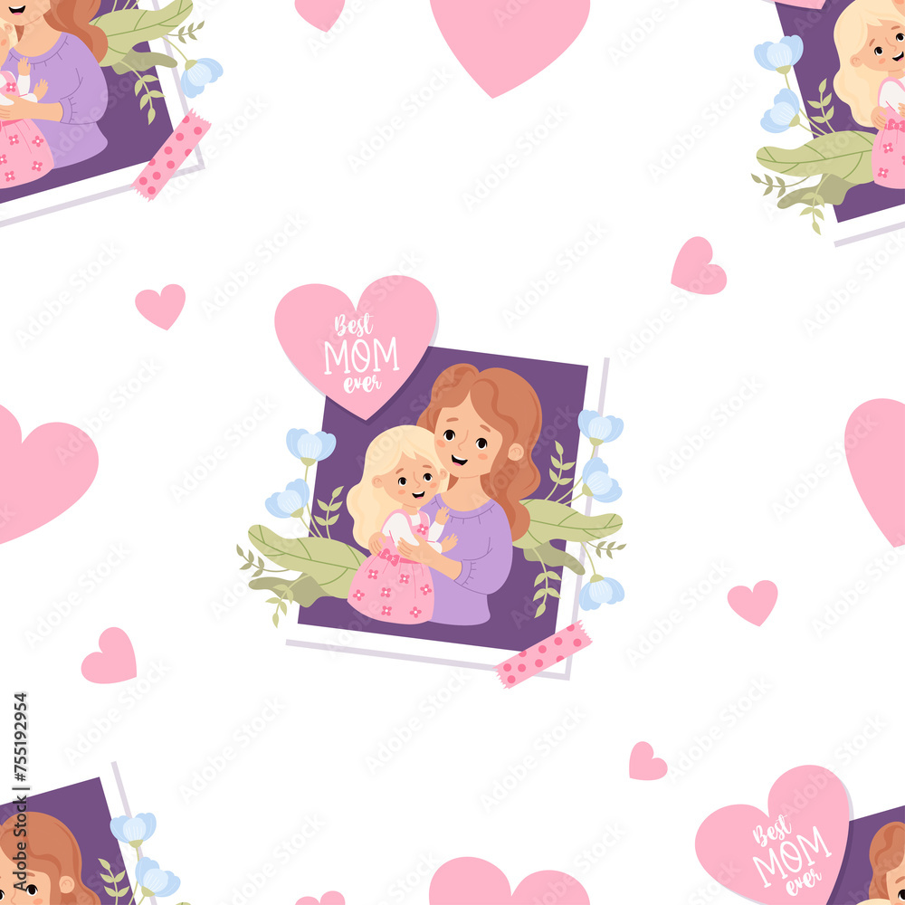 Seamless pattern with portrait happy mother with daughter Seamless pattern with portrait happy mother with daughter
