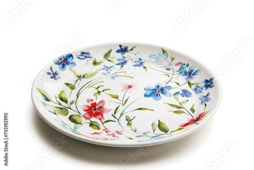 A decorative ceramic plate, hand-painted with floral motifs, adding a touch of elegance to your table setting, isolated on a pure white background.