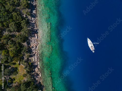Fototapeta Naklejka Na Ścianę i Meble -  Gemiler Island (Gemiler Adasi) in the Summer Season Drone Photo, Fethiye Mugla, Turkiye (Turkey)