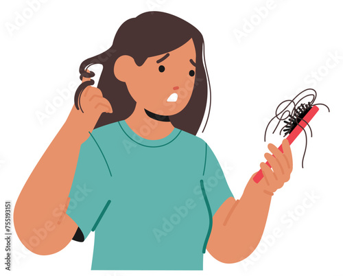 Young Woman With Hair Loss Problem Exhibits Thinning Strands, Looking on Comb with Fallen Hairs, . Vector Illustration