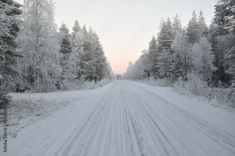 Forest road covered in ice and snow in Finland