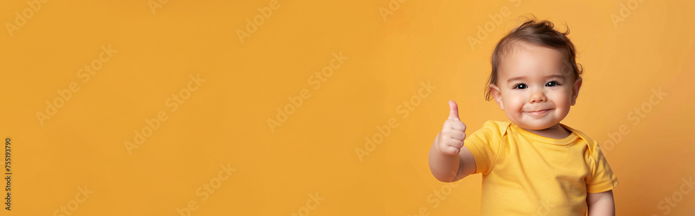 Heartwarming Approval: Smiling Toddler with a Charming Thumbs Up on a Golden Yellow Background Heartwarming Approval: Smiling Toddler with a Charming Thumbs Up on a Golden Yellow Background