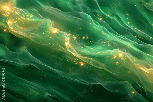 Green emerald water with sparkle lights  golden details background
