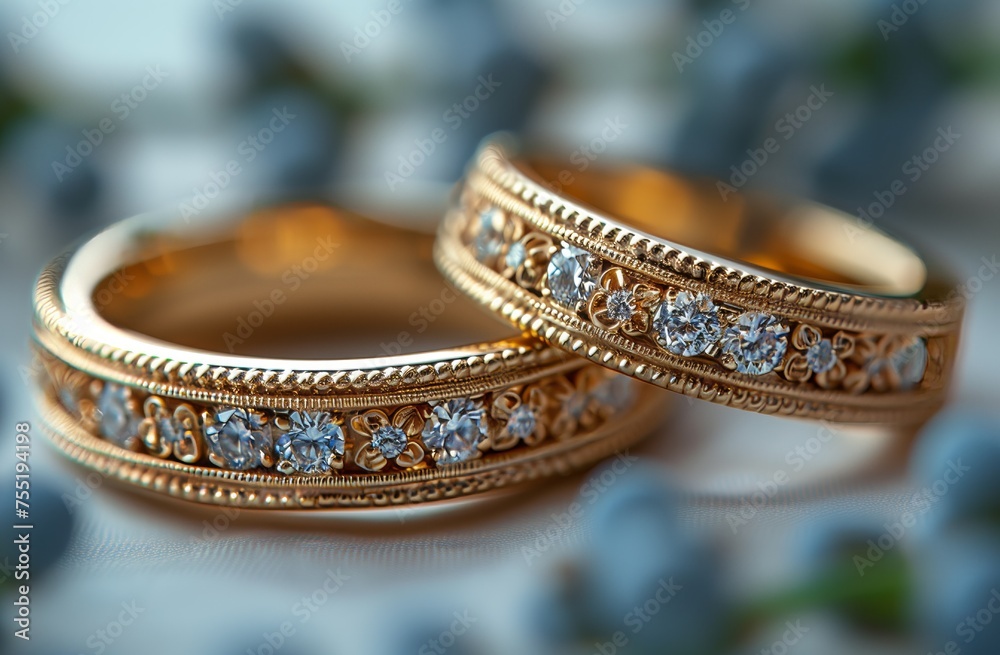 Macro photography of wedding rings on table fashion accessory Macro photography of wedding rings on table fashion accessory