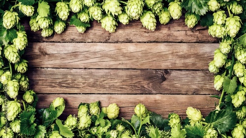 Wooden background with fresh green hop frame