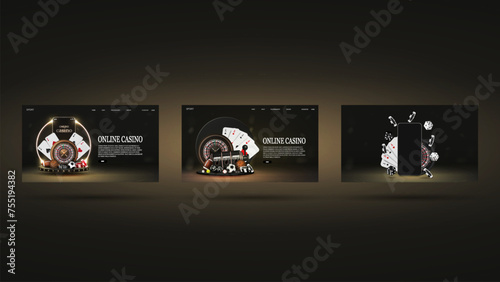 A web banner with a smartphone, sports machetes, roulette, cards, chips, dice and a casino slot machine in black and gold.