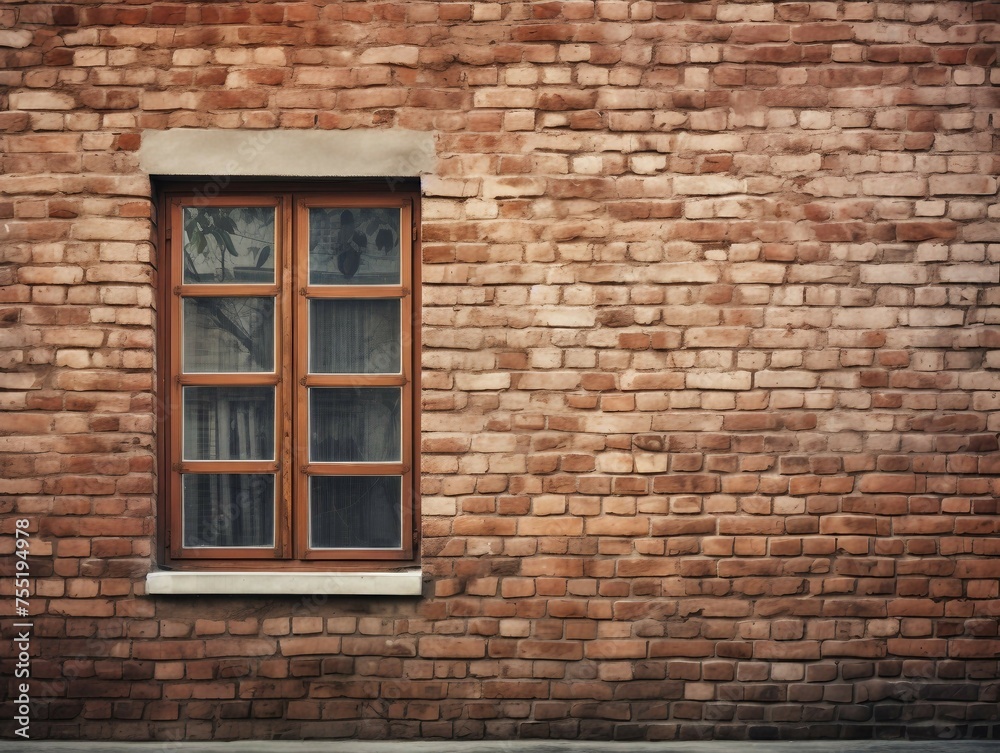 Old red brick wall with wooden window. Vintage style toned picture