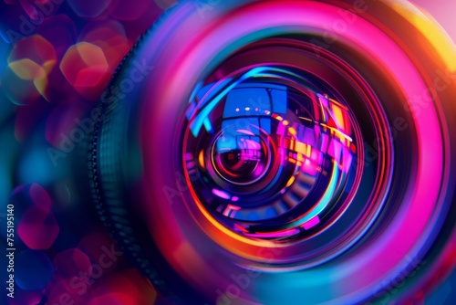 A close up of a camera lens with a colorful background, including shades of purple, violet, magenta, electric blue, and a circular gas. Perfect for entertainment and automotive lighting art photo