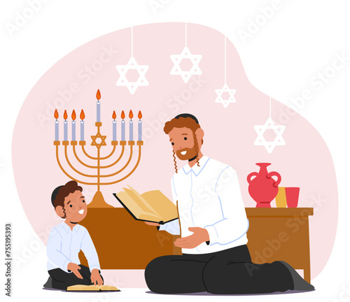 Jewish Child Boy Character Diligently Engage In Torah Study, Guided By Teacher, Immersing In The Sacred Teachings photo