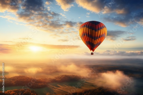 a hot air balloon is flying in clouds, beautiful dramatic sunset sky with cumulus clouds over a forest with haze, aerial view