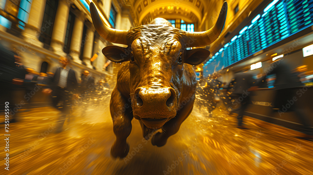 Bull Market - Bull running across floor of stock exchange - up stock market - stock prices increasing - close-up shot Bull Market - Bull running across floor of stock exchange - up stock market - stock prices increasing - close-up shot