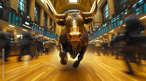 Bull Market - Bull running across floor of stock exchange - up stock market - stock prices increasing - close-up shot 