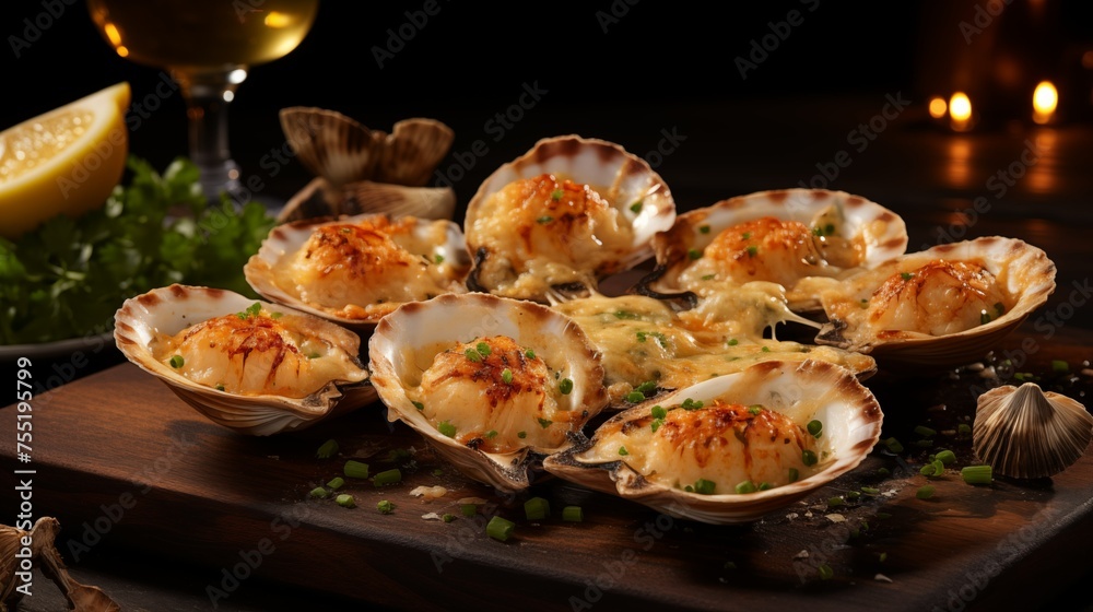 Food photography, baked scallops in half shells Food photography, baked scallops in half shells