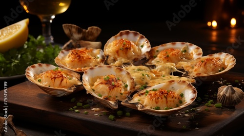 Food photography, baked  scallops in half shells 