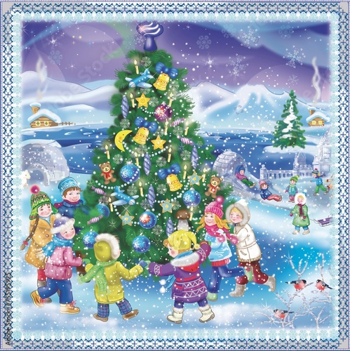 Fototapeta Naklejka Na Ścianę i Meble -  christmas greeting card 
Christmas, children dancing around the New Year tree in a snowy village