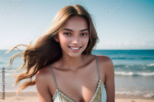 Latina beauty enjoying sun and sea in a tropical beach paradise during spring break.