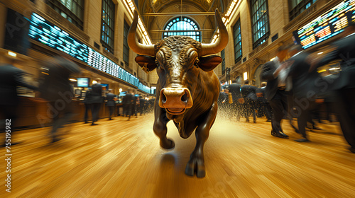 Bull Market - Bull running across floor of stock exchange - up stock market - stock prices increasing - close-up shot 