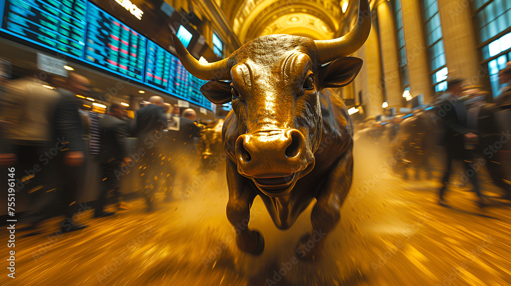 Bull Market - Bull running across floor of stock exchange - up stock market - stock prices increasing - close-up shot  - obrazy, fototapety, plakaty 