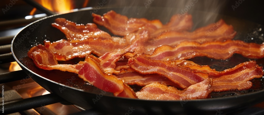 Pork bacon sizzling in a skillet on the stove, a flavorful ingredient for breakfast dishes. A delicious meat product being cooked on the stovetop Pork bacon sizzling in a skillet on the stove, a flavorful ingredient for breakfast dishes. A delicious meat product being cooked on the stovetop
