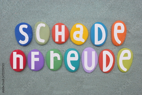 Schadenfreude, the experience of pleasure, joy, or self-satisfaction that comes from learning of or witnessing the troubles, failures, pain, or humiliation of another, hand painted stone letters