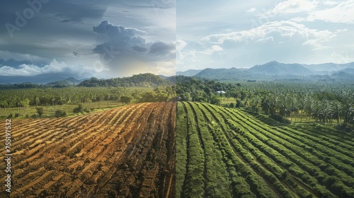 A before and after comparison of a lush forest transformed into agricultural land, showcasing the stark impact of deforestation.