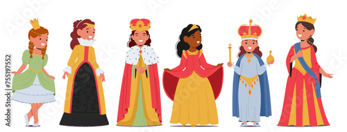 Little Girls Dressed As Princesses And Queen Characters Radiate Joy, Donning Sparkling Tiaras, Flowing Gowns