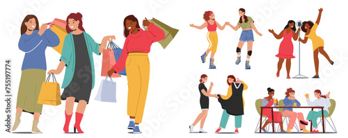 Female Friend Characters Gather, Sharing Laughter And Stories, Enjoying Each Other Company In Cozy Cafe, Shopping