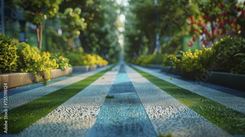 A crosswalk painted with green and blue stripes leading towards a sustainable city, symbolizing the pathway to net zero.
