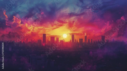 A cityscape backdrop enhances the dramatic sunset's vivid colors, intensified by particles and heat haze.