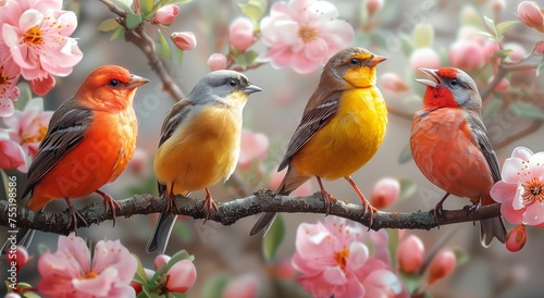 Four birds roosting on a branch among pinkflowered tree photo