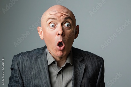 A portrait of a surprised man with a bald head, wearing a suit, looking off to the side with a shocked expression. Solid background.