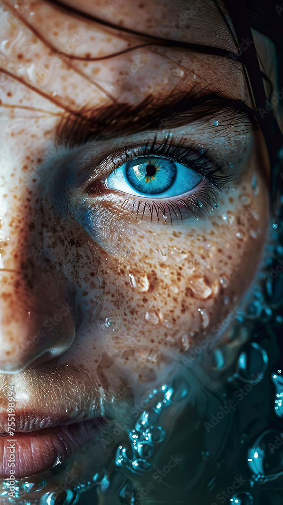 Beautiful feminine blue eyes emerge from the water with mesmerizing serenity. Blue eyes with a mysterious depth in contrast to the fluid surface of the water.