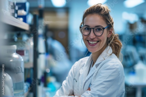 A radiant female scientist with a warm smile stands in a well-equipped laboratory, embodying the progress and gender diversity in STEM fields.