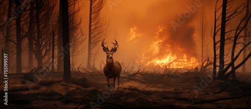 A deer stands in front of a blazing forest fire, the intense heat creating a dramatic atmosphere in the sky. The flames dance through the landscape, creating a surreal artlike event