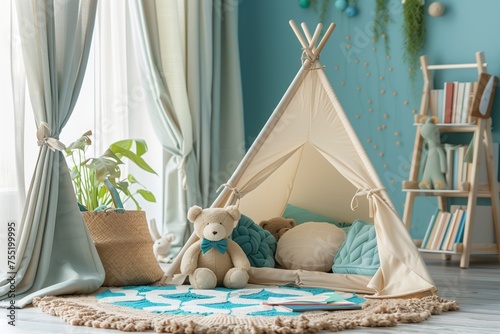 In an Azurecolored room with wooden interior design, a teepee stands with a teddy bear inside, surrounded by plants and curtains for comfort and leisure photo