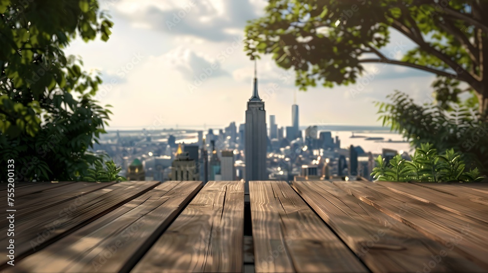 Serene urban oasis: wooden deck overlooking the new york city skyline with lush greenery on a sunny day. ideal for digital backgrounds and creative projects. AI