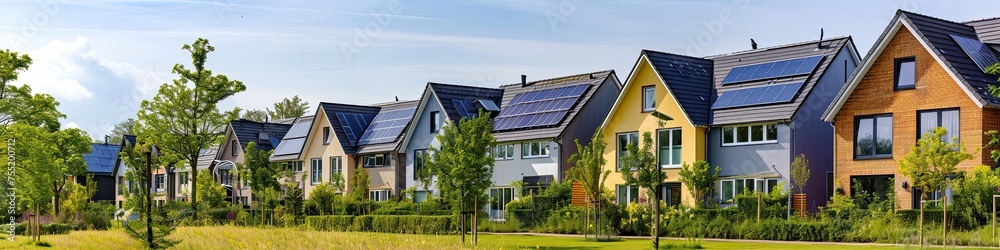 New beautiful suburban houses with solar panels on the roof