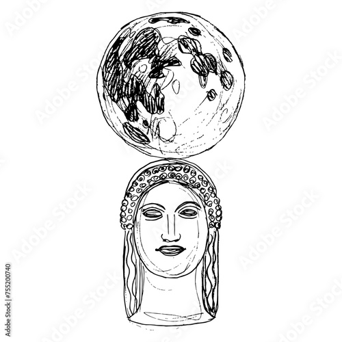 Lunar goddess. Selene, Nyx or Hecate. Head of Ancient Greek woman holding full moon. Mythological feminist concept. Hand drawn linear rough doodle sketch. Black and white silhouette.