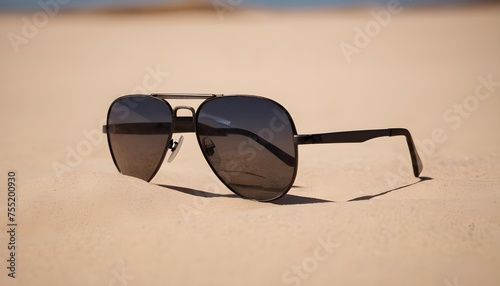 Dark pilot sunglasses macro isolated on sand beach background
