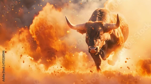 Flaming Bull Charging in Business Bull Market Concept
 photo