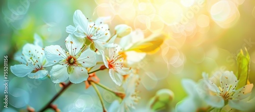 Beautiful blossom flowers in the spring meadow landscape blur background. AI generated image