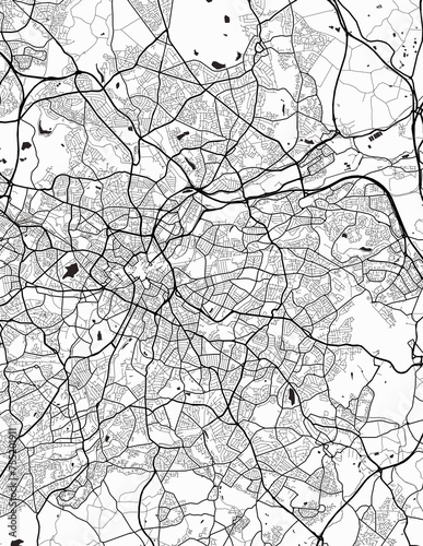 Detailed city map of Birmingham-United Kingdom with infrastructure in a minimalist style