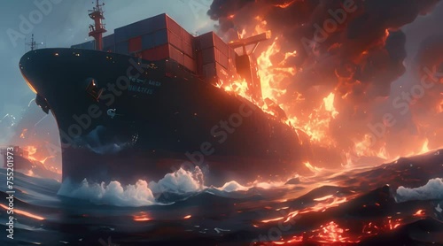 Container Ship Engulfed in Flames on the Ocean photo