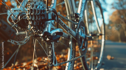 Detail view on a gear system of a racing bike riding on a bicycle path in the country. Generative AI